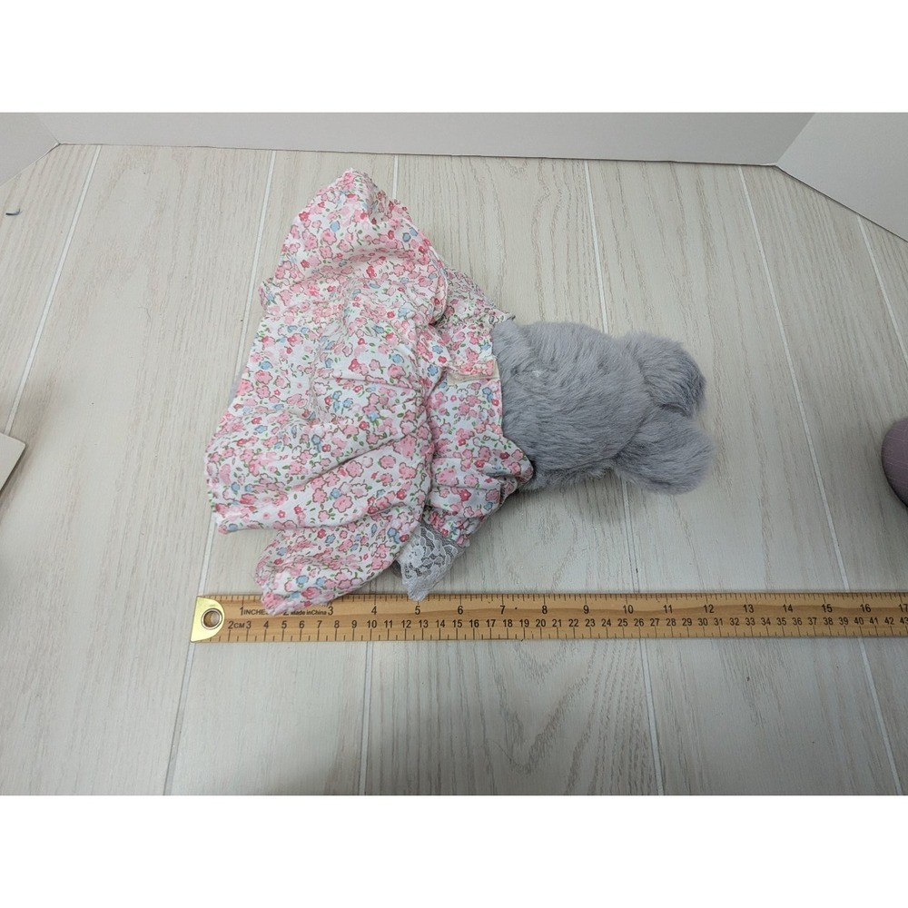 Easter Pets Grey Bunny Plush Stuffed Animal Pink Floral Dress vintage - Picture 3 of 9